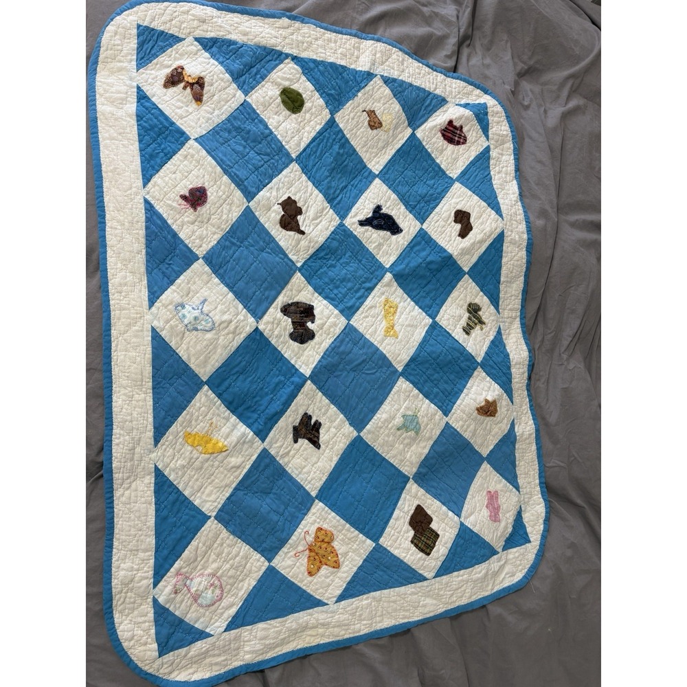 Antique Cotton Patchwork‎ Quilt Blue White Handmade Square Blocks 48"x 36"